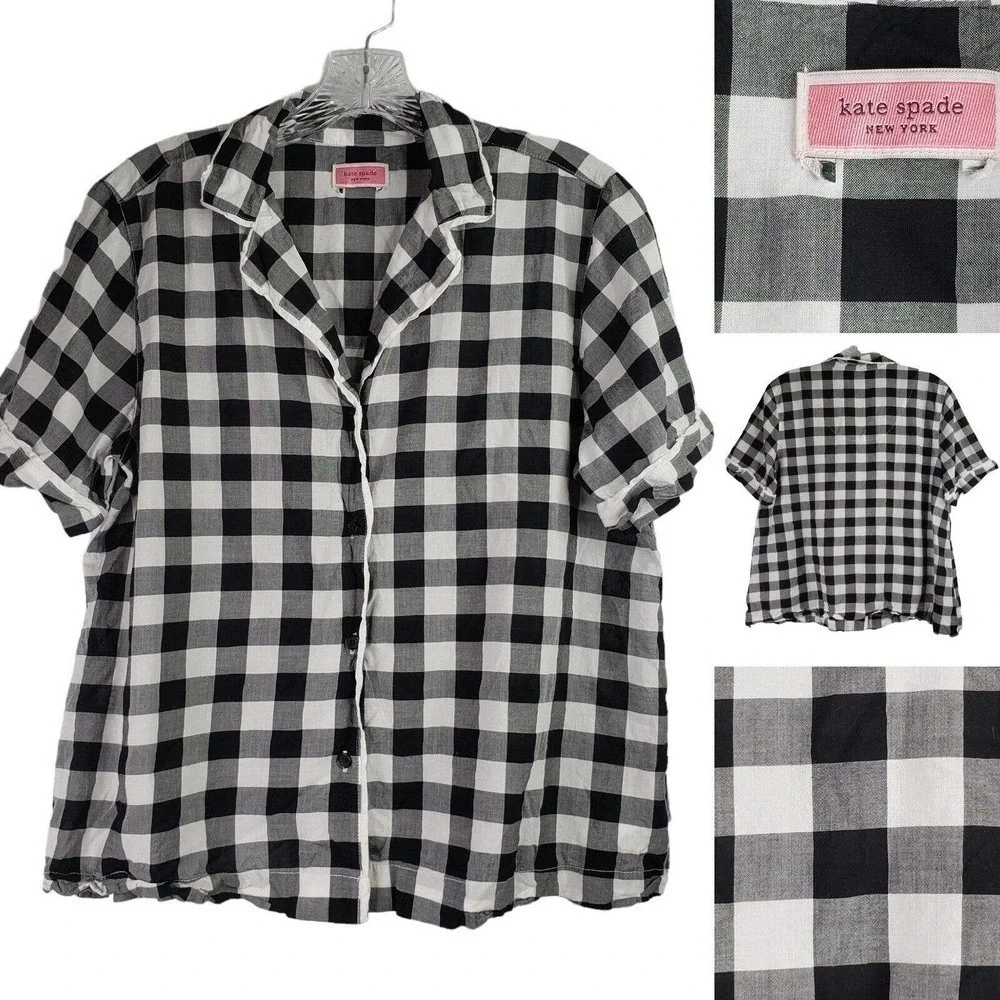 Kate Spade Womens Top Large Gingham Button Down Shirt Cotton Short Sleeve